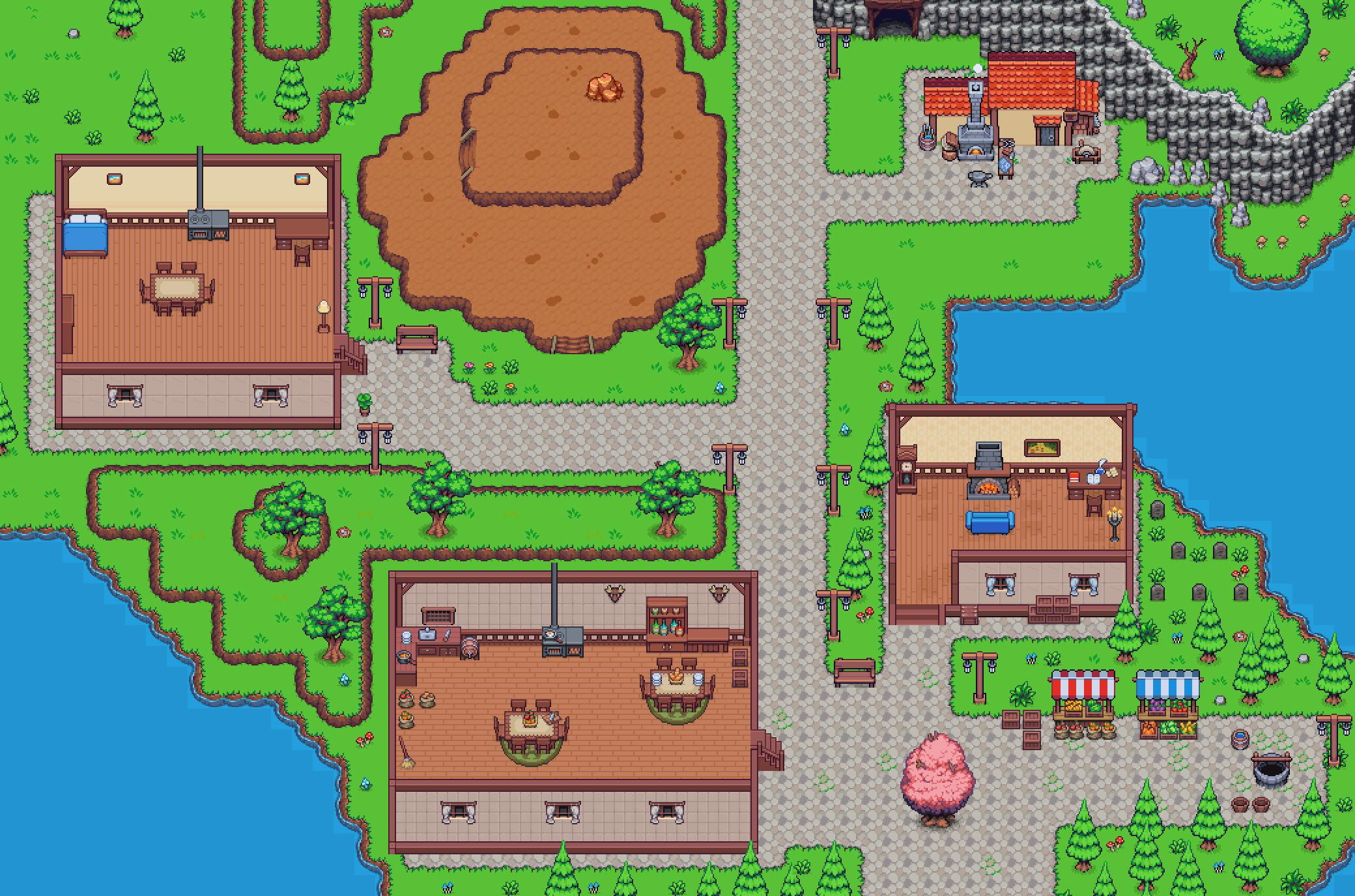 The town of Depth of Greed seen from above: the first house, the quarry, the smithy under the cliff, the tavern, the wizard's house and the market stalls.