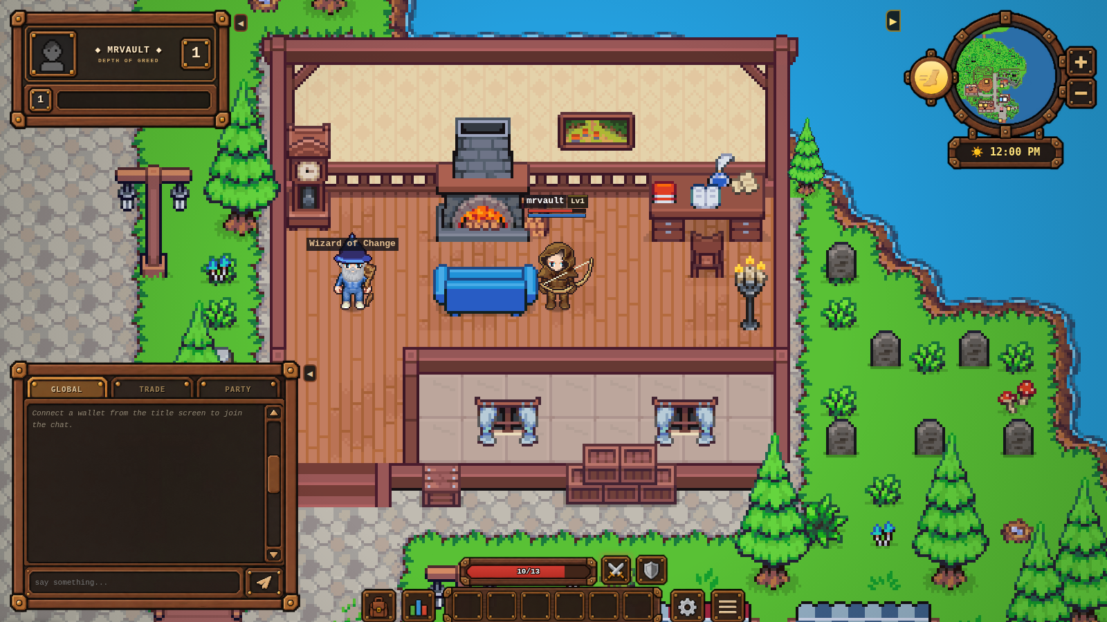 The game running: the player outside the wizard's house with the health bar, hotbar, chat panel and minimap on screen.