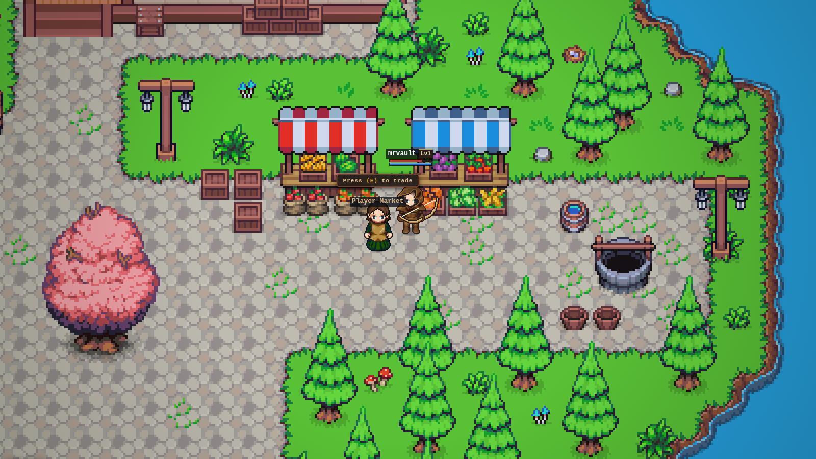 Two striped market stalls of fruit and vegetables beside a well and a cherry blossom tree.