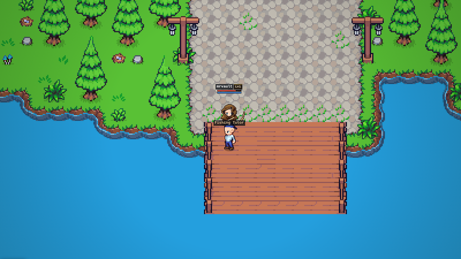 A wooden pier reaching out over blue water with the Fishing Tutor standing on it.