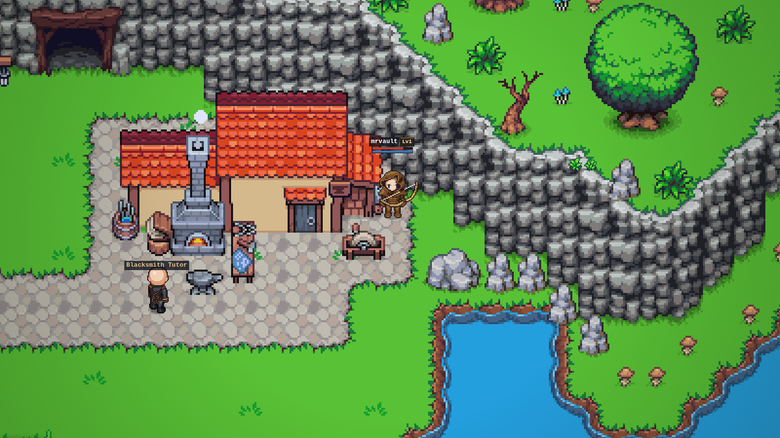 The smithy under a stone cliff, its forge lit, with the Blacksmith Tutor at the anvil.