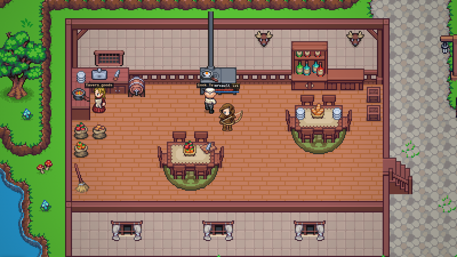 The tavern interior with the bar counter, stove, dining tables and two staff.