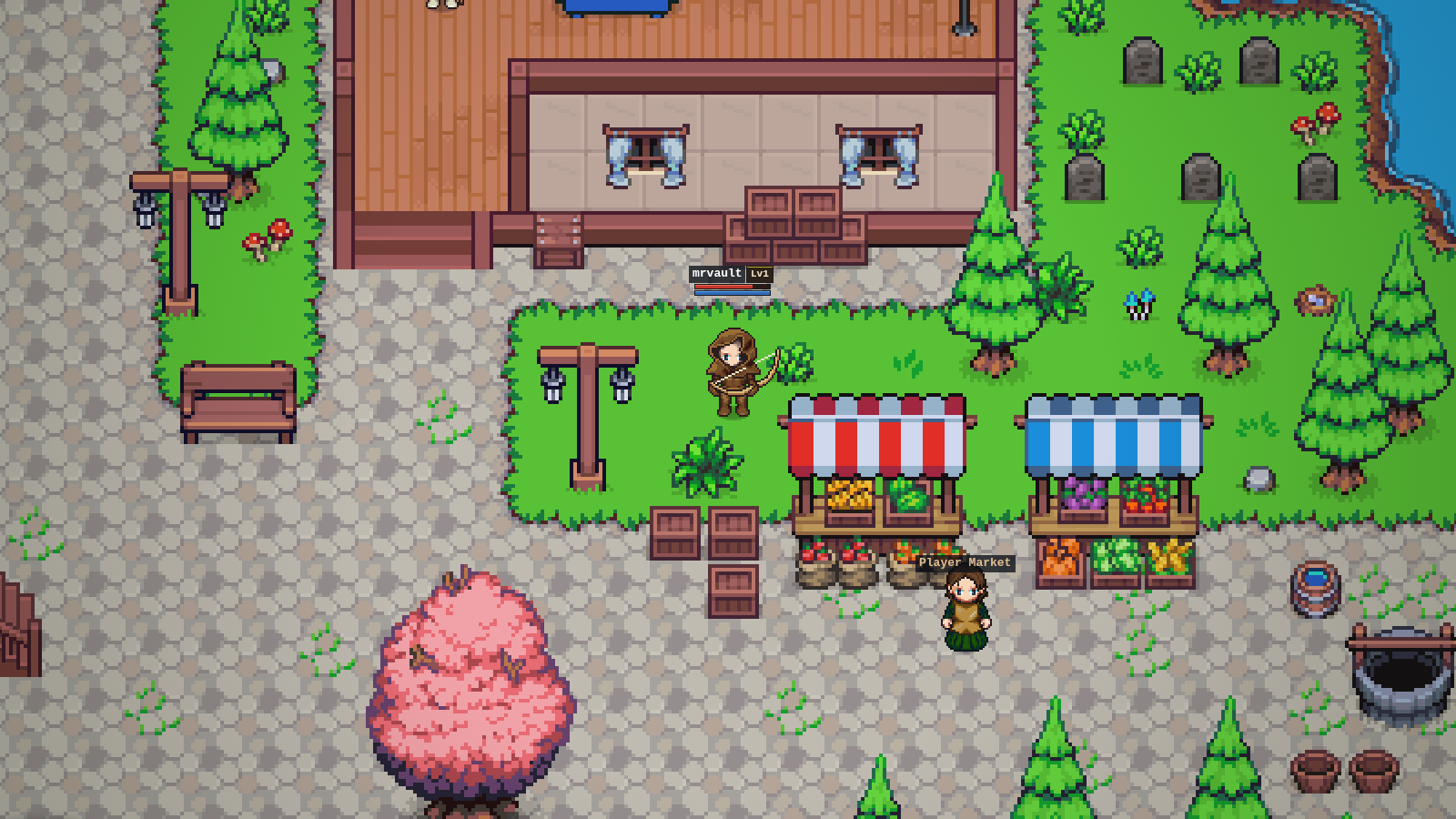 The town: houses, the market square, lamp posts, a graveyard and a cherry tree.