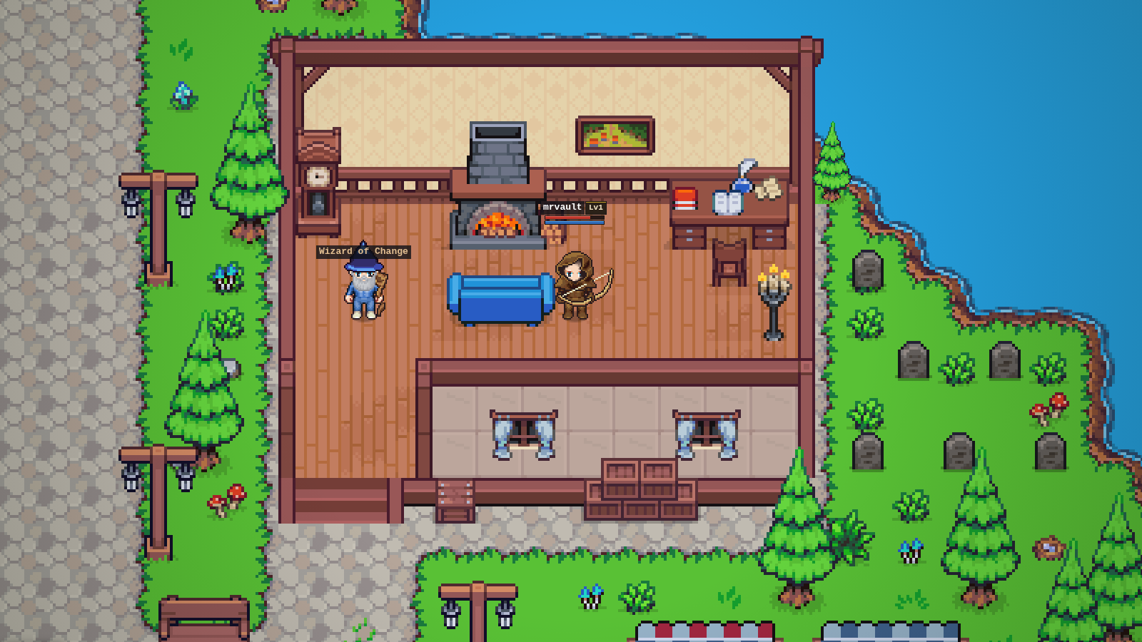 The wizard's house with a lit fireplace, a chest and a writing desk, the Wizard of Change standing inside.